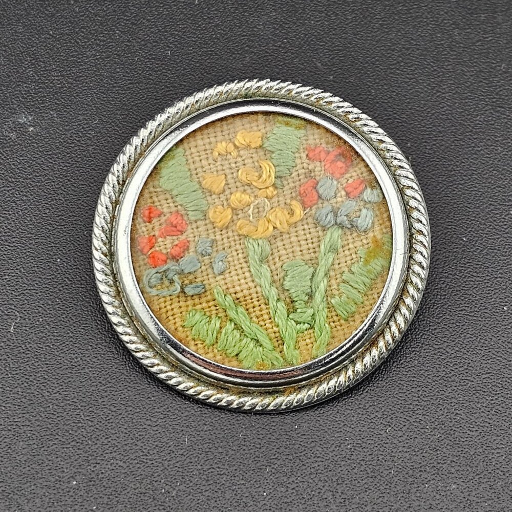 Vintage Petite Needlepoint Flowers Brooch Pin Silver Frame 1.25"